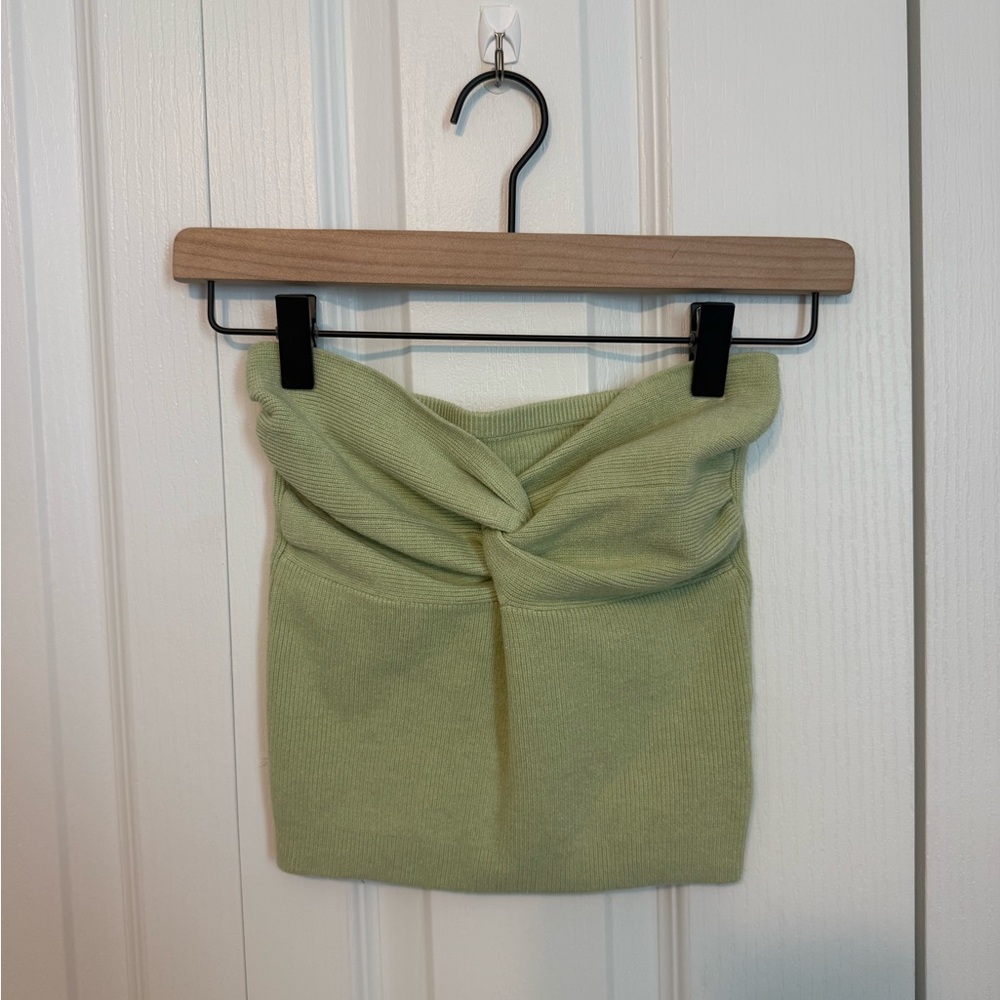 Twist Front Knit Strapless Crop Top - Light Green